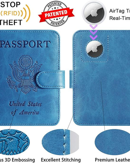 Airtag Passport Holder Cover Wallet RFID Blocking Leather Case Travel Essentials Luggage Accessories Travel Must Have(118#Blue)