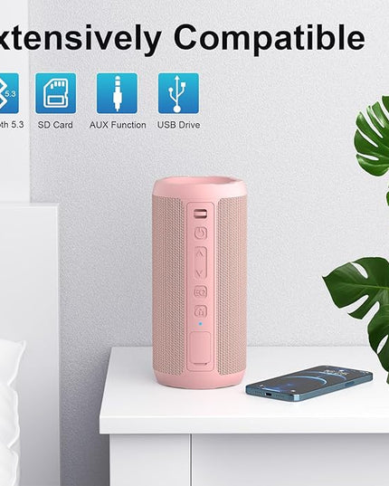 Ortizan Wireless Portable Bluetooth Speaker, IPX7 Waterproof, Dustproof and Rustproof, Powerful 24W Sound, Enhanced Bass, 30 Hour Battery, 360° Party Light, and Stereo Pairing (BT 5.3), Gifts - Pink