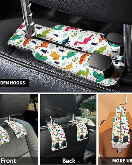 Car Seat Headrest Hook, Universal Leather Cute Hanger Holder Hook, Storage Organizer Interior Accessories for Purse Bags Handbag Colorful Cute Dinosaurs