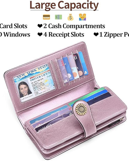 SENDEFN Wallets for Women Leather Credit Card Holder with RFID Blocking Large Capacity Wristlet | with RFID Blocking, Large Capacity, Wristlet, with RFID Blocking, Large Capacity, Wristlet