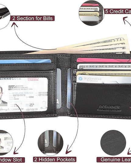 BOTANNER Genuine Leather Bifold Mens Wallet RFID Blocking 5 Credit Card Slots 1 ID Window 2 Sections for Bills 2 Additional Slots | Black