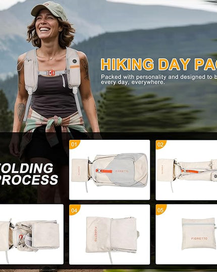 FIORETTO 10L Hiking Backpack for Women Men Mini Packable Backpack Lightweight Small Daypack for Camping Travel Outdoor, Beige