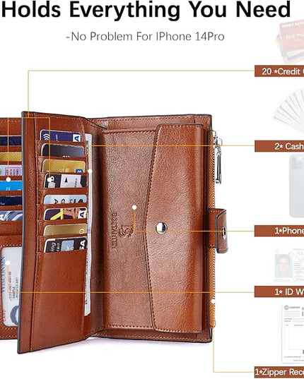 BOSTANTEN Womens Leather Wallets RFID Blocking Large Capacity Credit Cards Holder Phone Clutch Brown Orange