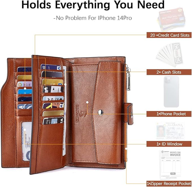 BOSTANTEN Womens Leather Wallets RFID Blocking Large Capacity Credit Cards Holder Phone Clutch Brown Orange