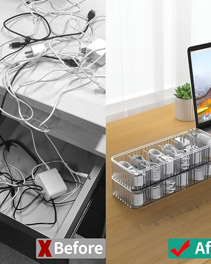 Cable Storage Boxes Organizers 2 Pack,Cord Charger Storage Organizer Box Case with 20pcs Cable Ties,Stackable,Clear