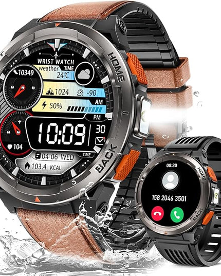 EIGIIS KE5 Military Smart Watch for Men with Flashlight SOS 3ATM Waterproof Watch 530mAh Big Battery 1.45" Rugged Tactical Smartwatch with Compass Elevation Barometer Fitness Watch for iPhone (Brown)