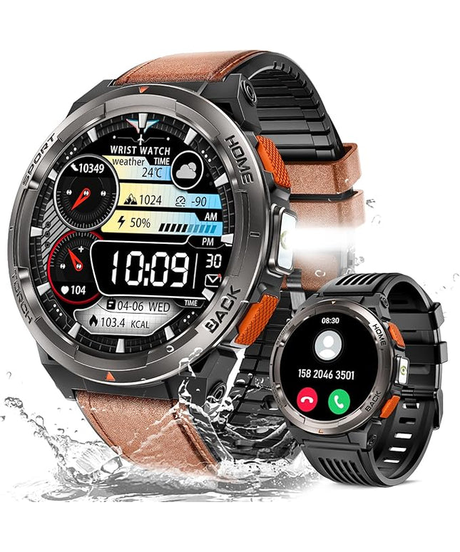 EIGIIS KE5 Military Smart Watch for Men with Flashlight SOS 3ATM Waterproof Watch 530mAh Big Battery 1.45" Rugged Tactical Smartwatch with Compass Elevation Barometer Fitness Watch for iPhone (Brown)