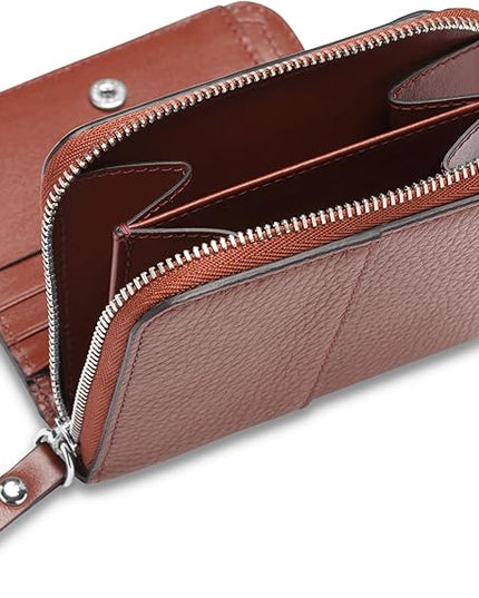 Bosca Women's Italian Leather Wallet, Handmade Bifold Slim Change Purse, 8 Card Slots, Zip Coin Purse, 4 Inches Brown