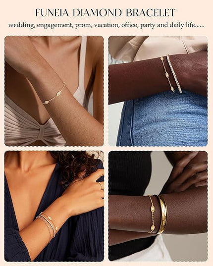 FUNEIA Dainty Silver Gold Bracelets for Women Trendy Non Tarnish 14K Gold Plated Waterproof Diamond Bracelets Cute Stackable Heart Butterfly Clover Cross Evil Eye Charm Bracelet Stack Jewelry Gifts