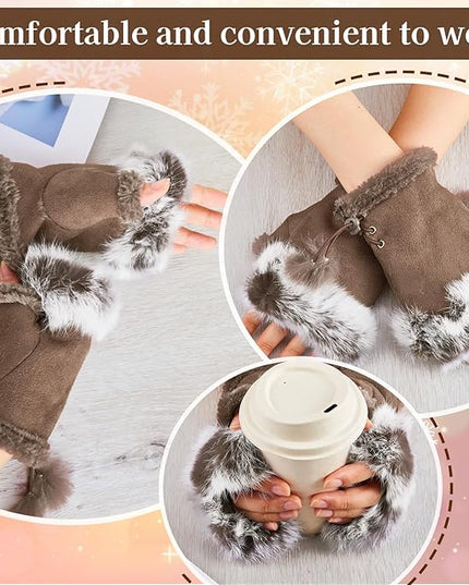 SATINIOR Women Fur Fingerless Gloves Winter Rabbit Fur Lined Half Finger Mittens for Women Girls Teen Working Writing