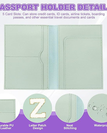 PATIKIL Passport Holder for Travel, Initial Passport Cover and Luggage Tag Set with Alphabet Chenille Letter Patch Travel Wallet Bag Suitcase Identifier for Women Family Travel Green Z