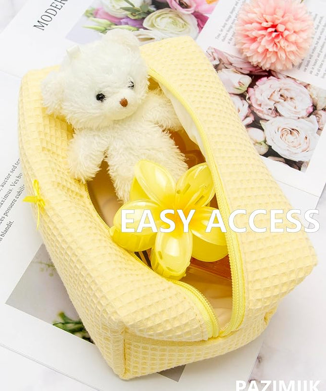 PAZIMIIK 2PCS Cozy Makeup Bag Travel Cosmetic Bag for Women Soft Toiletry Bag Aesthetic Makeup Organizer Portable Large Zipper Pouch for Skincare Beauty Accessories Brushes Waffle Check Yellow