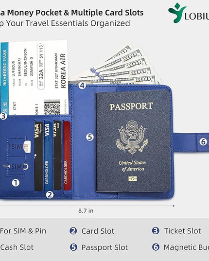 Passport Holder For Travel with Slot for AirTag & Luggage Tag Cover – RFID Blocking Travel Passport Wallet for Women/Men/Family | PU Leather Passport Case with Extra Money Pocket, Blue