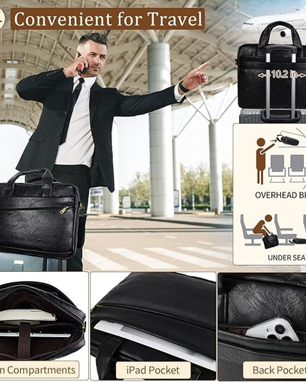 Faux Leather Messenger Bag for Men 15.6 Inch: Laptop Bag Briefcase Computer Handbags Shoulder Crossbody Bag with Padded Laptop Sleeve for Work College Travel, PU Black