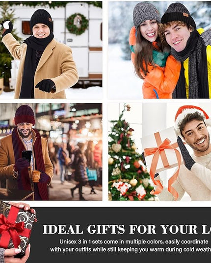 FZ FANTASTIC ZONE Mens Winter Knit Hat Beanie Long Neck Scarf Touchscreen Gloves Set Fleece Skull Caps Gifts for Men Women
