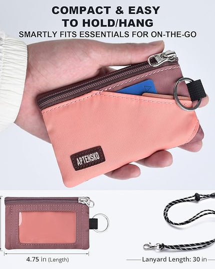 RFID Travel Wallet with Adjustable Lanyard-Zipper Small Wallet with ID Card Holder, Keychain for women&men-Minimalist Slim Waterproof Nylon case for ID, Cash, Key (CoralBlush+Mauve)