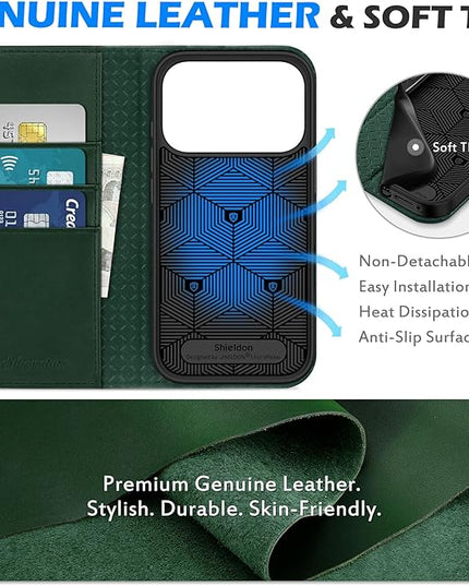 SHIELDON Genuine Leather Wallet Case for iPhone 17 Pro 6.3" 2025 | Flip | Kickstand | RFID Blocking Credit Card Holder | Magnetic | Shockproof TPU Inner Phone Shell | Evergreen