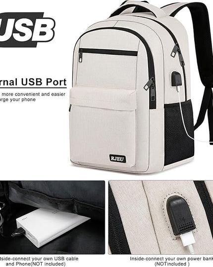 School Backpack for Teen Girls, Laptop Backpack 15.6 Inch with USB Charging Port, Sturdy Beige College Bookbag