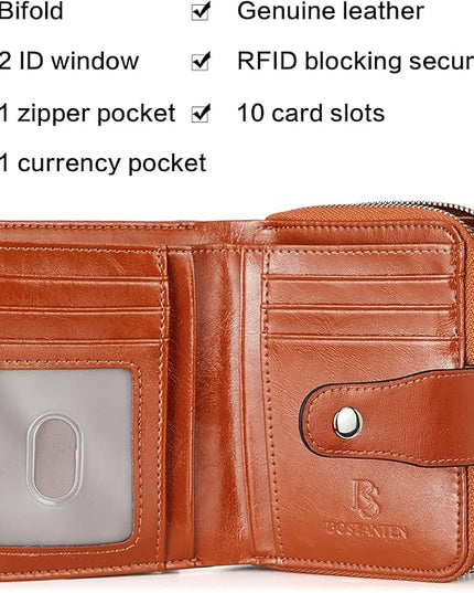 BOSTANTEN Leather Wallets for Women RFID Blocking Zipper Pocket Small Bifold Wallet Card Case Brown