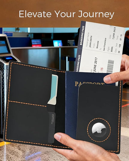 Passport Holder for Travel, Genuine Leather Passport Holder with Airtag, Rfid Passport Wallet Cover Case for Women Men, Travel Essentials Gift, Black