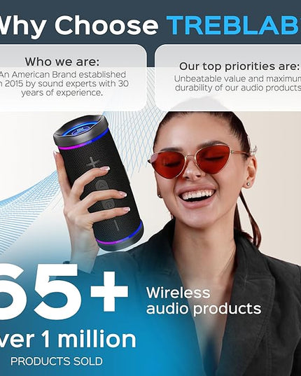 TREBLAB HD77 Bluetooth Speaker, 30W Portable Wireless Speaker with 360° Stereo Sound & Deep Bass, IPX7 Waterproof Outdoor Bluetooth Speaker, 20H Battery, TWS Pairing for Home, Beach, Pool, Camping