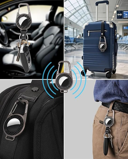 AirTag Holder Keychain - Premium Leather & Carbon Fiber Case with Secure Locking Carabiner | Compatible with Apple AirTag for Keys, Luggage, Backpacks, Bags (Gray)