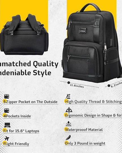 Laptop Business Backpack for Men & Women, Work Backpack Fits 15.6 Inch, Premium Qulity Travel Bag with USB Charging Port, Water-Resistant, Durable Nylon, Computer Bookbag with Multiple Pockets