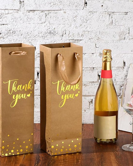 Ctosree 30 Pcs Wine Bottle Gift Bag with Handle 4.3x3.5x13.7 Liquor Paper Bag for Thank You Favor Gold Foil Kraft Whiskey Tote Carrier for Wedding Birthday Bridal Valentine's day Party(Brown)