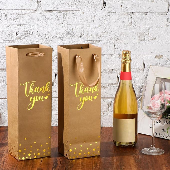 Ctosree 30 Pcs Wine Bottle Gift Bag with Handle 4.3x3.5x13.7 Liquor Paper Bag for Thank You Favor Gold Foil Kraft Whiskey Tote Carrier for Wedding Birthday Bridal Valentine's day Party(Brown)