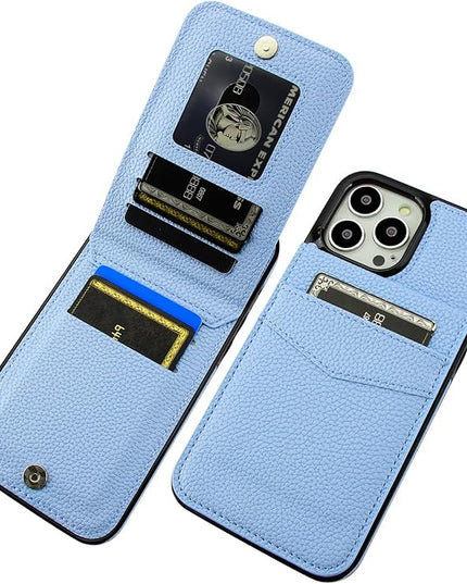 KIHUWEY Compatible with iPhone 13 Pro Max Case Wallet with Credit Card Holder, Premium Leather Magnetic Clasp Kickstand Heavy Duty Protective Cover for iPhone 13 Pro Max 6.7 Inch (Lichee Light Blue)