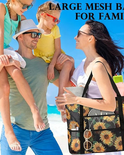 Mesh Beach Bag, Large Beach Tote with Zipper Pocket, Toys Pool Bag for Family Travel Vacation Cruise Essentials