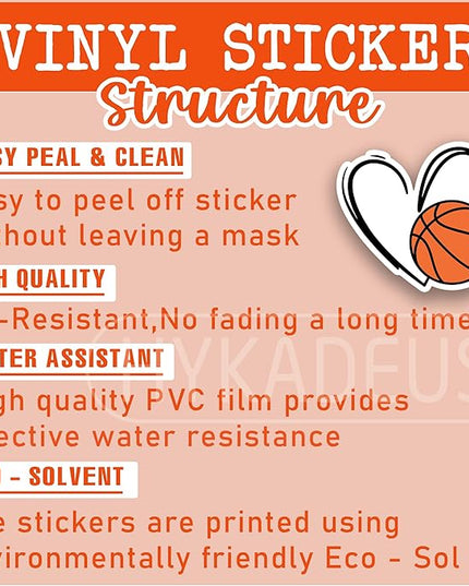 (3Pcs) Basketball Stickers Waterproof Vinyl Basketball Heart Decals for Water Bottle, Tumbler, Laptop, Phone Case, Poster Board, Scrapbooking, Team Players, Coach, 3" x 2.8"