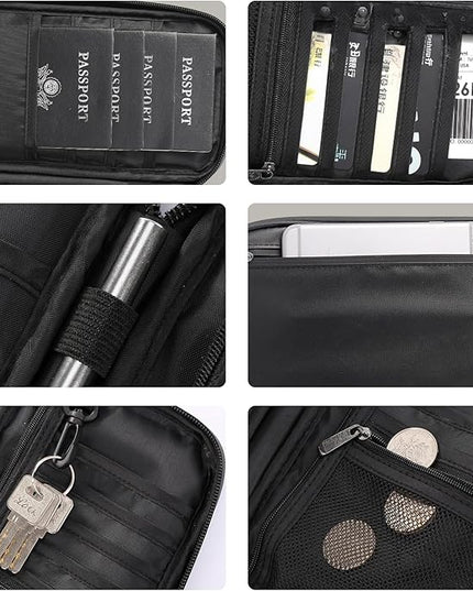 Travel Passport Holder, Large Family Passport Walle for Men Women RFID Passport Cover Lightweight Portable Document Organizer with Wrist Strap (Black)