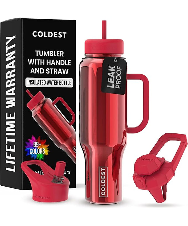 Coldest Tumbler with Handle and Straw, 100% Spill Proof Tumbler with Straw (3 Lids), Stainless Steel Insulated Leakproof Tumblers for Women Men, Cup Holder Friendly, 46 oz (Raspberry Reflections)