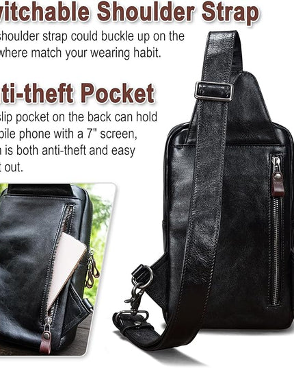 Genuine Leather Sling Bag for Men and Women Crossbody Shoulder Bag Side Sling Backpack Chest Purse Cross Body Casual Daypack