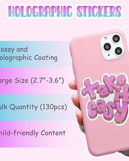 130 Pcs Motivational Holographic Stickers for Teens Adults - Inspirational Scrapbook Decals for Journaling, Waterproof Vinyl Mental Health Quotes for Laptops Bottles