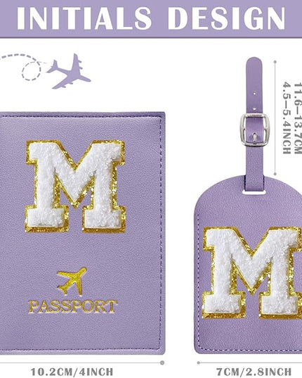 COSHAYSOO Purple Initial Passport Cover Holder and Luggage Tag Set TSA Approved with Alphabet Chenille Letter Patch for Women Teenager Girls, PU Leather Traveling Bag Suitcase Identifier (M)