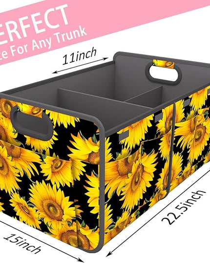 Homeve Trunk Organizer, Car Storage, Reinforced Handles, Collapsible Multi-Compartment, Foldable, Waterproof, Sturdy, 600D Oxford Polyester For Car, SUV, Mini-Van, Sunflower, 2 Compart