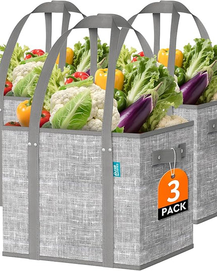 Fab totes Reusable Grocery Bags, Large Foldable Shopping Tote Bags with Reinforced Handles & Hard Bottom,3 Pack,Grey