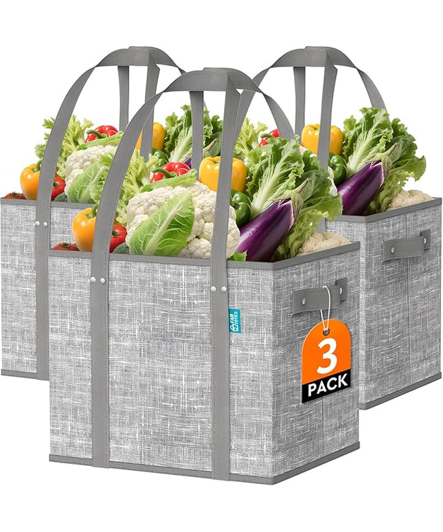 Fab totes Reusable Grocery Bags, Large Foldable Shopping Tote Bags with Reinforced Handles & Hard Bottom,3 Pack,Grey