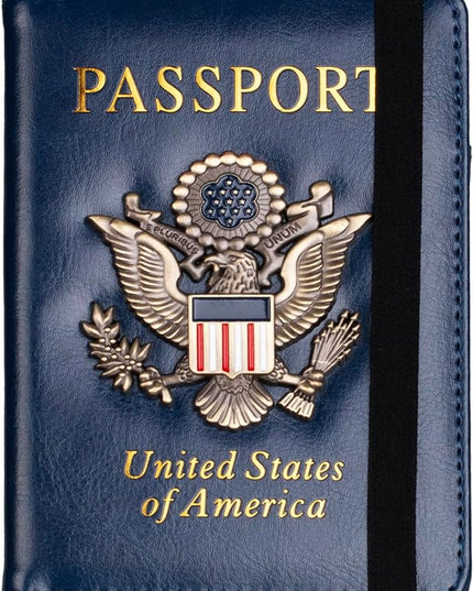 TOURSUIT RFID Blocking Passport Holder for Women Men, Leather Passport Travel Wallet with Metal 3D Metal Badge, Travel Document Holder Cover Accessories (Dark Blue)