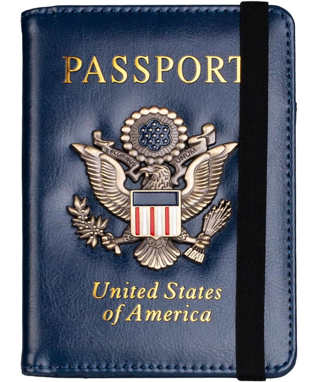 TOURSUIT RFID Blocking Passport Holder for Women Men, Leather Passport Travel Wallet with Metal 3D Metal Badge, Travel Document Holder Cover Accessories (Dark Blue)