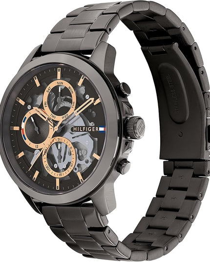 Tommy Hilfiger Men's Dressy Watch – Quartz Multifunction, Stainless Steel Case, Skeleton Dial, Link Bracelet – Gift for Him
