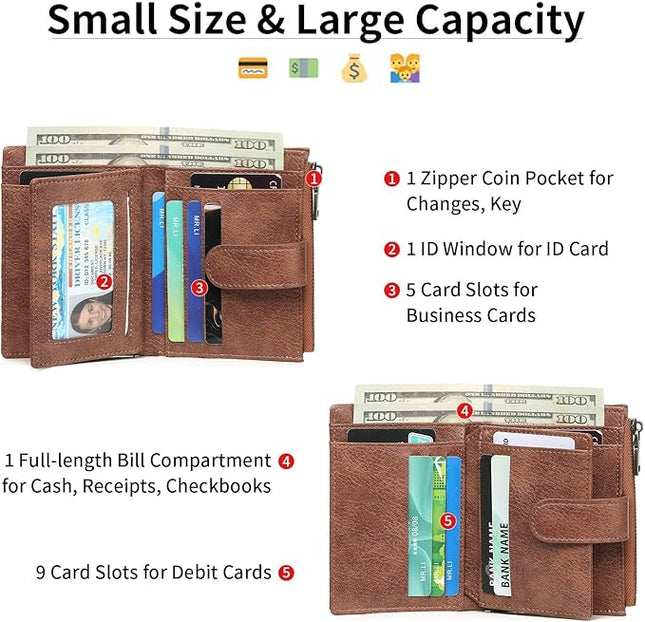 GAEKEAO Small Wallet for Women, Bifold Leather RFID Blocking Ladies Compact Card Holder with Zipper Pocket & ID Window