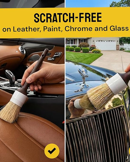 Soft Boar Hair Car Detailing Brush Set - 3-Pack, Brown - Car Detailing Kit for Versatile Uses - Soft Bristles Cleaning Brush - Water-Resistant Handles