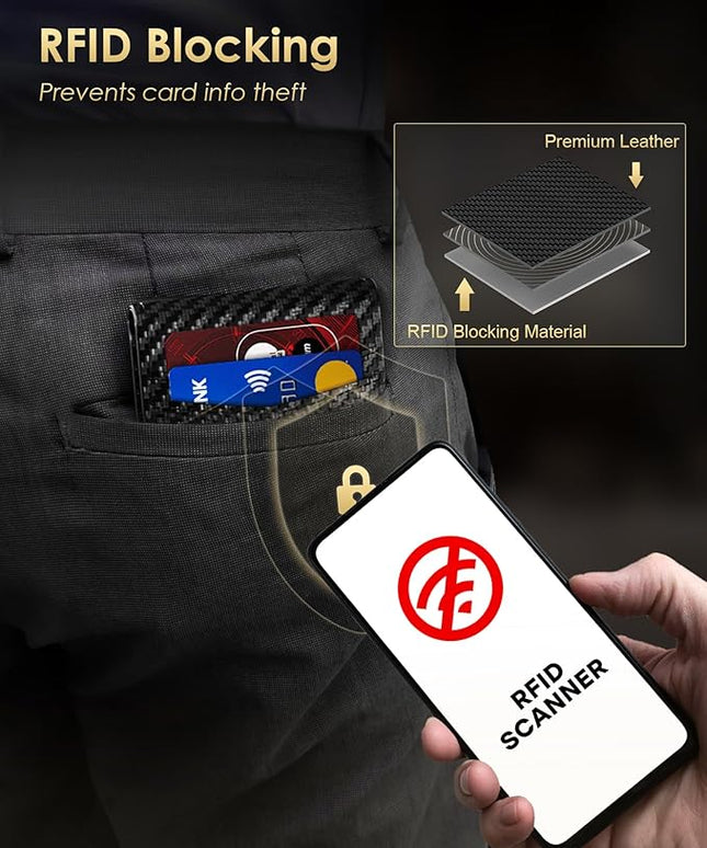 2025 Upgraded Minimalist Wallet for Men - RFID Blocking Credit Card Holder Case Leather Pop Up Aluminum Wallet with Cash Slot, Front Pocket ID Window Gift Boxed (Carbon Fiber - with Airtag Holder)