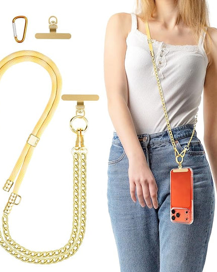 Crossbody Phone Lanyard, Adjustable Multicolor Braided Phone Strap and Phone Chain Strap Combination, Sturdy Metal Buckle and 360° Rotatable Phone Tether Tab, Yellow White