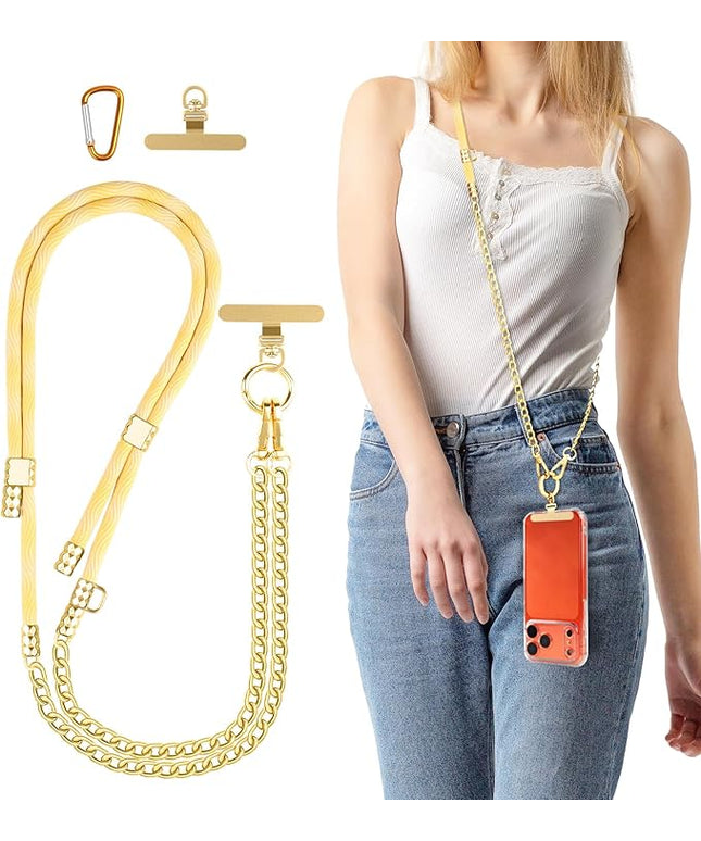 Crossbody Phone Lanyard, Adjustable Multicolor Braided Phone Strap and Phone Chain Strap Combination, Sturdy Metal Buckle and 360° Rotatable Phone Tether Tab, Yellow White