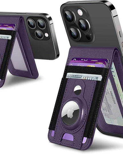 for Magsafe Wallet Stand with Airtag Holder, Strongest Magnetic Wallet for iPhone 17/16/15/14/13/12 Series, ID Window, 4 Card Slots, 10 Cards Holder, Vegan Leather, RFID Blocking, Purple