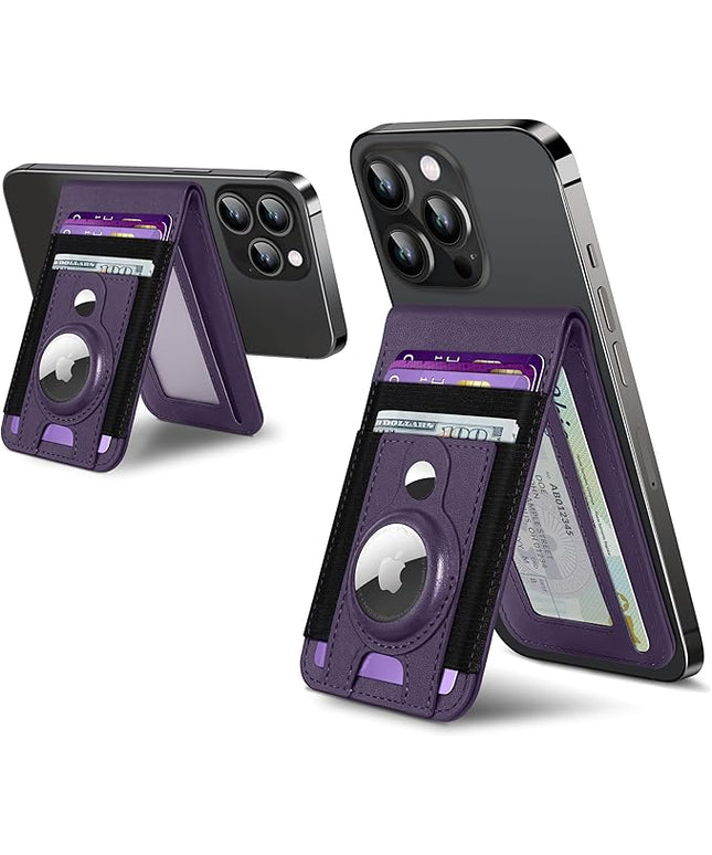 for Magsafe Wallet Stand with Airtag Holder, Strongest Magnetic Wallet for iPhone 17/16/15/14/13/12 Series, ID Window, 4 Card Slots, 10 Cards Holder, Vegan Leather, RFID Blocking, Purple